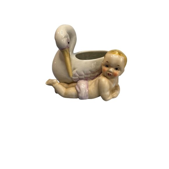 Vintage Ceramic Baby & Stork Planter Figurine Made In England 4 3/4" X 4 1/2" Nu - Picture 1 of 6